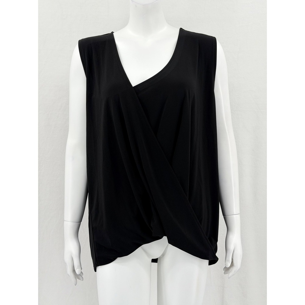 Marla Wynne Top Women 1X Black Sleeveless Draped Surplice Minimalist Office Work